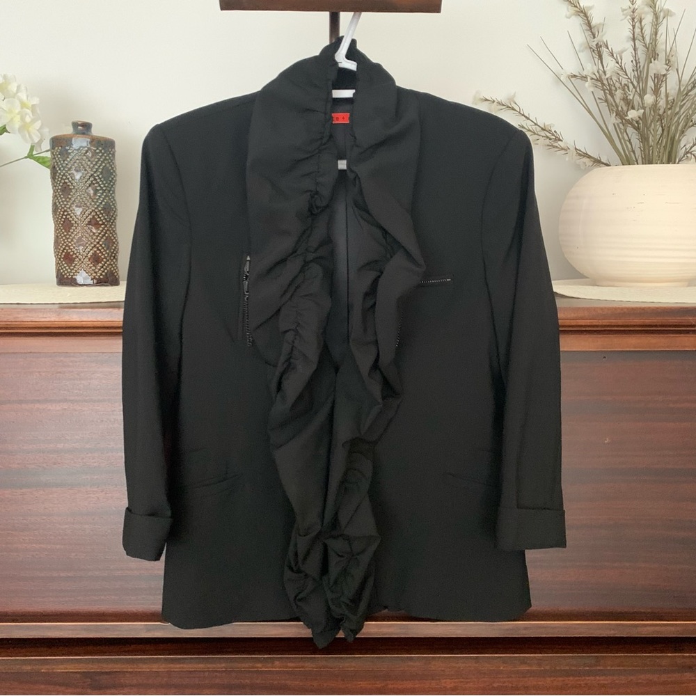 Alice + Olivia Black Ruffle Jacket Blazer, Size Small